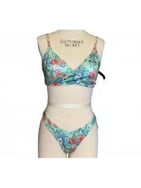 Victorias Secret Wrap Bikini Top M Floral Seafoam Green Teal & Red Padded NWT